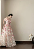 Sweet Pink And White Gradient Strapless 3D Floral Tulle Ball Gown Wedding Dress