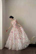 Sweet Pink And White Gradient Strapless 3D Floral Tulle Ball Gown Wedding Dress