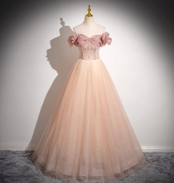 Sweet Pink Apricot One-Shoulder Tulle Long Ball Gown Prom Dress Sweet 16 Dress Secondary image