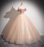 Sweet Pink Apricot One-Shoulder Tulle Long Ball Gown Prom Dress Sweet 16 Dress