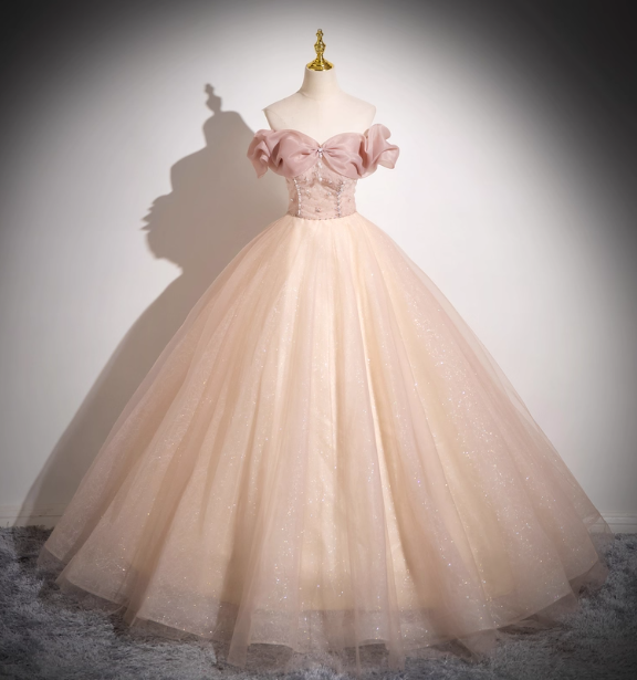 Sweet Pink Apricot One-Shoulder Tulle Long Ball Gown Prom Dress Sweet 16 Dress
