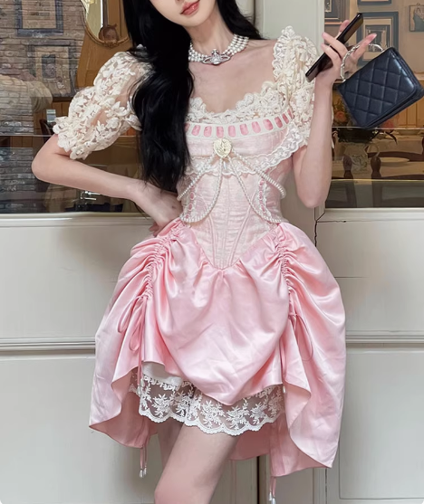 Sweet Pink Lace Short Sleeve Herringbone Short A-Line 17Th Birthday Homecoming Dress Main image