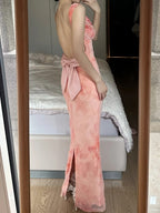 Sweet Pink Mermaid Backless Bow Print Chiffon Long Formal Prom Dress