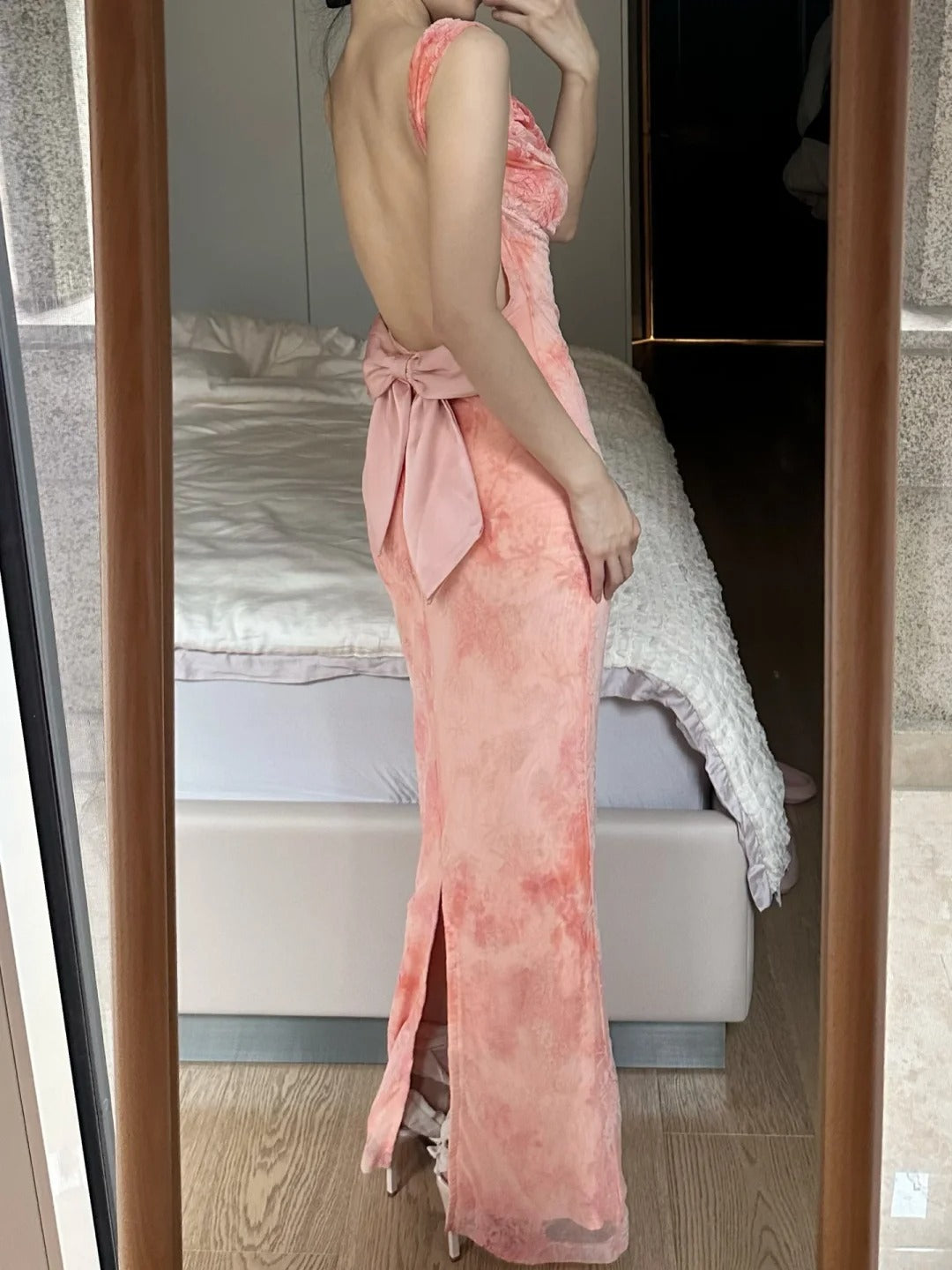 Sweet Pink Mermaid Backless Bow Print Chiffon Long Formal Prom Dress