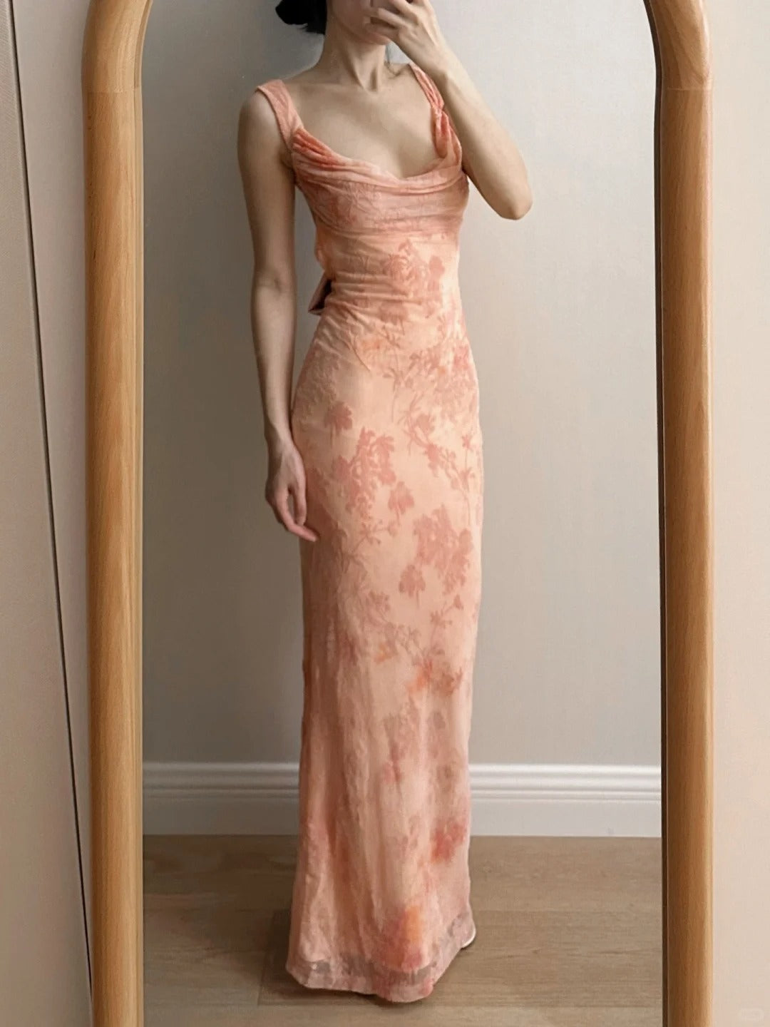 Sweet Pink Mermaid Backless Bow Print Chiffon Long Formal Prom Dress Main image