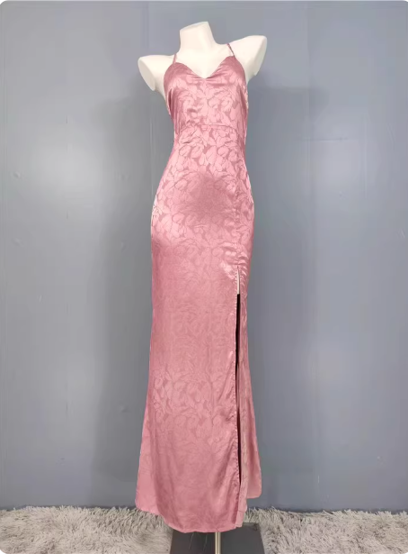 Sweet Pink Mermaid Cross-Ribbon Embroidered Satin Slit Long Formal Prom Dress