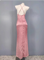 Sweet Pink Mermaid Cross-Ribbon Embroidered Satin Slit Long Formal Prom Dress