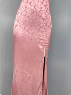 Sweet Pink Mermaid Cross-Ribbon Embroidered Satin Slit Long Formal Prom Dress