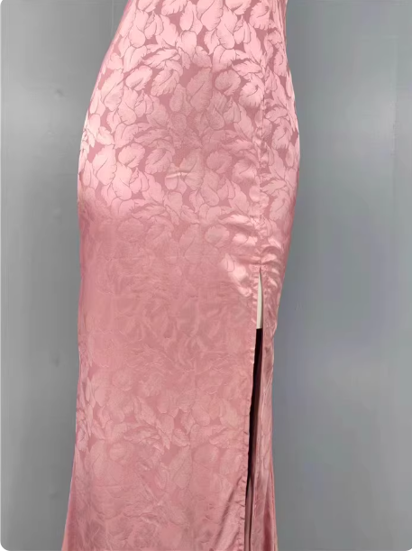 Sweet Pink Mermaid Cross-Ribbon Embroidered Satin Slit Long Formal Prom Dress