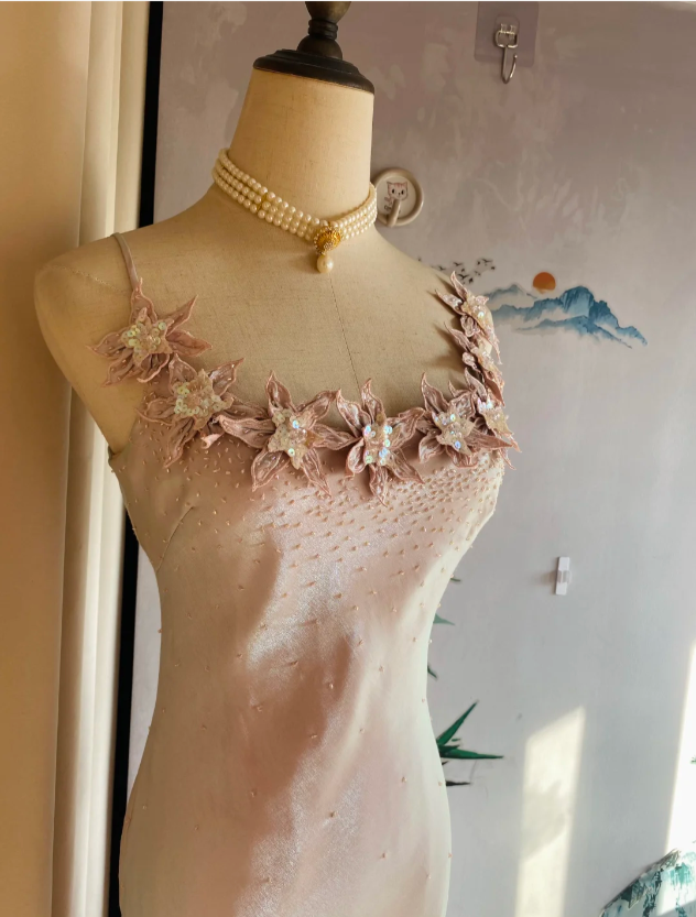 Sweet Pink Mermaid Halter 3D Floral Satin Formal Prom Dress Bridesmaid Dress