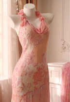 Sweet Pink Mermaid Halter Neck Beaded Chiffon Formal Prom Dress