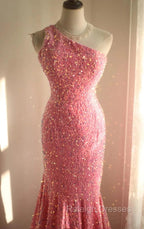 Sweet Pink Mermaid One Shoulder Sequined Pleated Long Prom Dress Backless Evening Dress