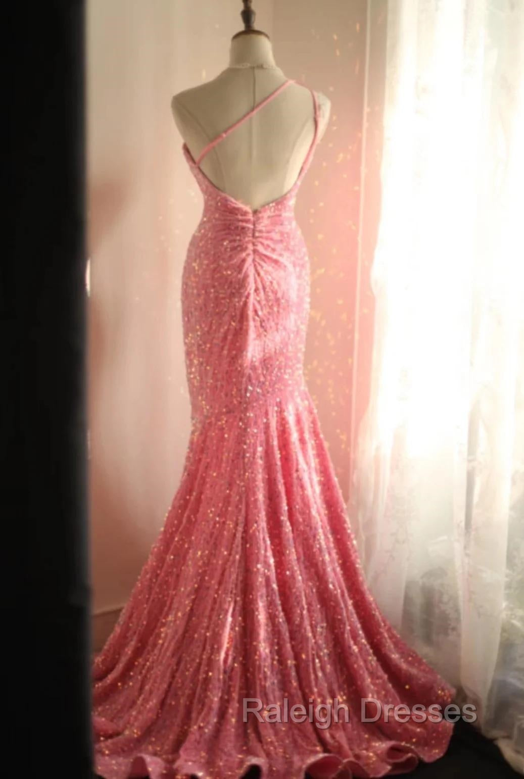 Sweet Pink Mermaid One Shoulder Sequined Pleated Long Prom Dress Backless Evening Dress