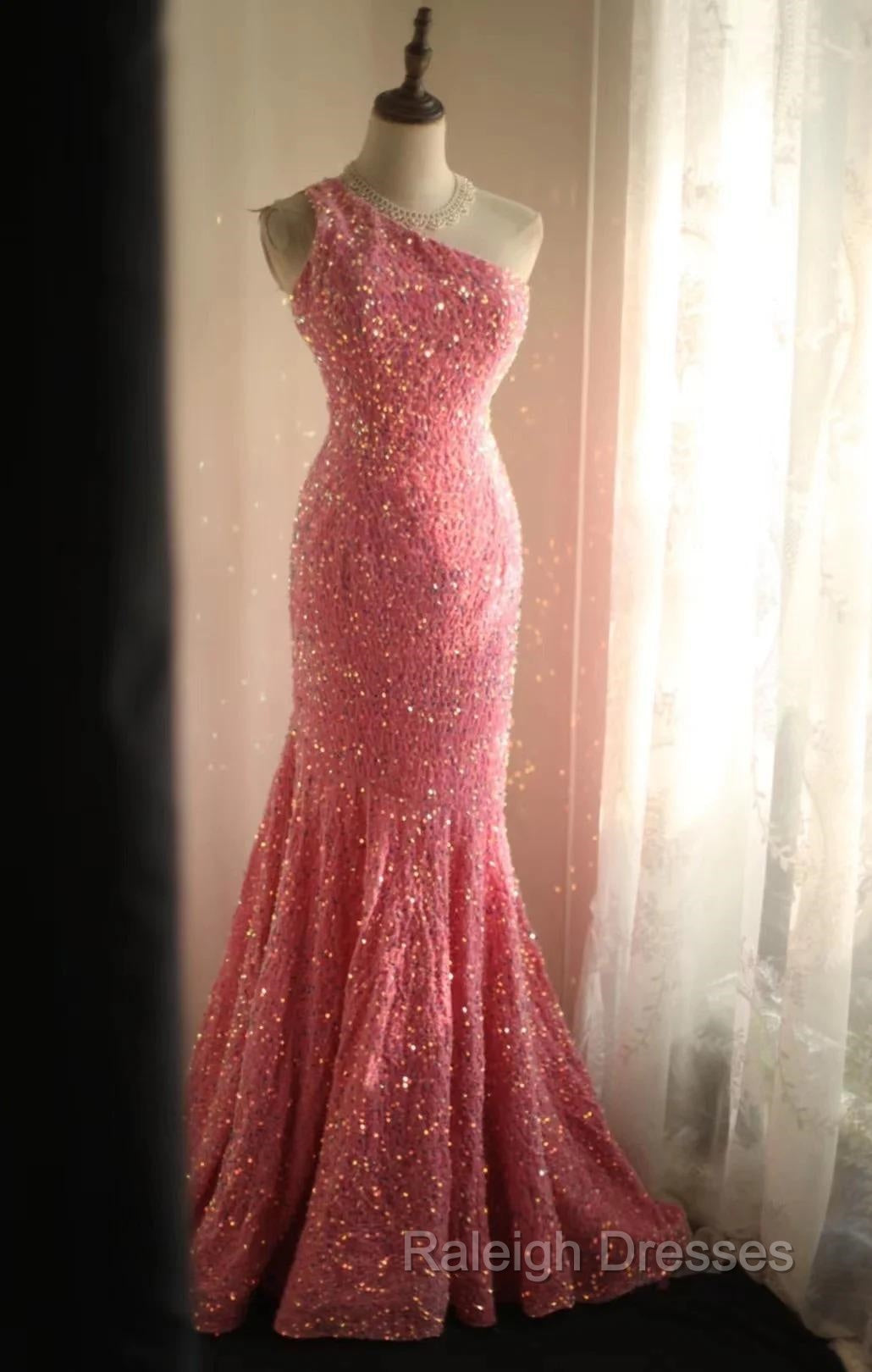 Sweet Pink Mermaid One Shoulder Sequined Pleated Long Prom Dress Backless Prom Dress