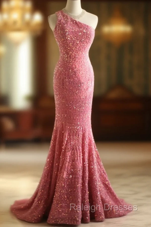 Sweet Pink Mermaid One Shoulder Sequined Pleated Long Prom Dress Backless Evening Dress Main image