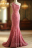 Sweet Pink Mermaid One Shoulder Sequined Pleated Long Prom Dress Backless Evening Dress