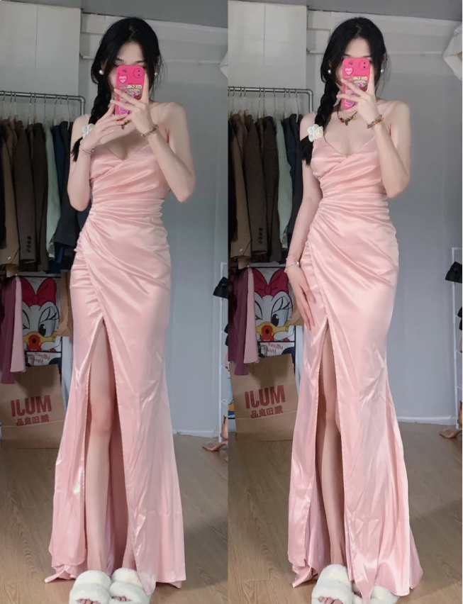 Sweet Pink Mermaid V-Neck Spaghetti Strap Satin Slit Long Formal Prom Dress