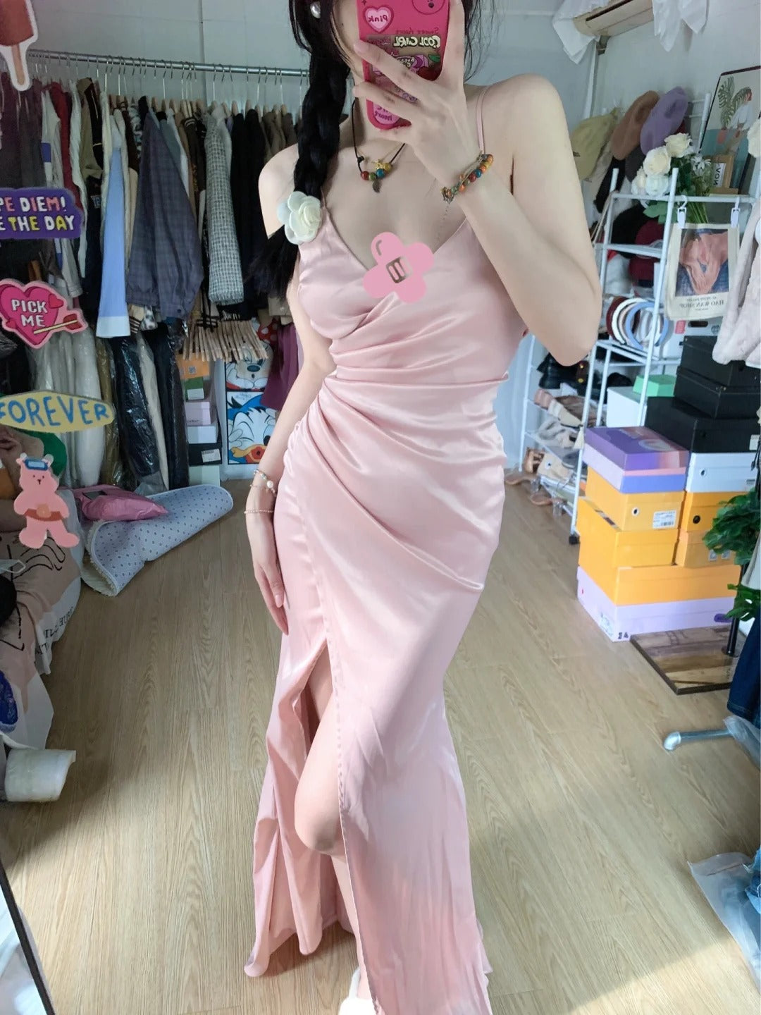 Sweet Pink Mermaid V-Neck Spaghetti Strap Satin Slit Long Formal Prom Dress