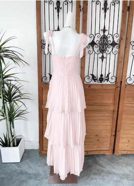 Sweet Pink Multi-Layered Tiered Bow Strap Chiffon Long Formal Prom Dress