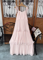 Sweet Pink Multi-Layered Tiered Bow Strap Chiffon Long Formal Prom Dress