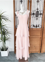 Sweet Pink Multi-Layered Tiered Bow Strap Chiffon Long Formal Prom Dress