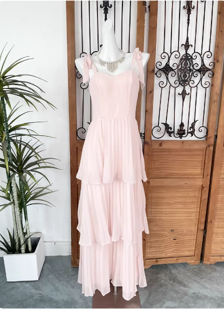 Sweet Pink Multi-Layered Tiered Bow Strap Chiffon Long Formal Prom Dress