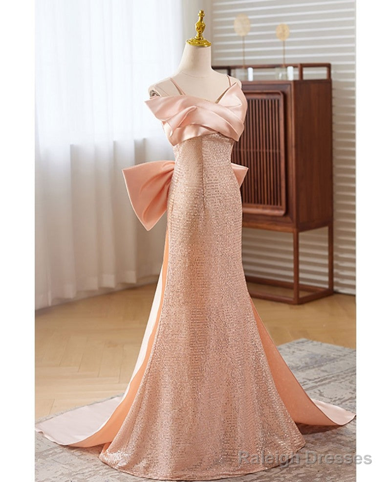 Sweet Pink Sequin Sleeveless Off Shoulder Ball Dresses With Pink Mermaid Thin Shoulder Strap Butterfly Tie Dew Back Strap And Floor Length Prom Dresses Secondary image