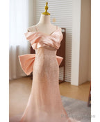 Sweet Pink Sequin Sleeveless Off Shoulder Ball Dresses With Pink Mermaid Thin Shoulder Strap Butterfly Tie Dew Back Strap And Floor Length Prom Dresses