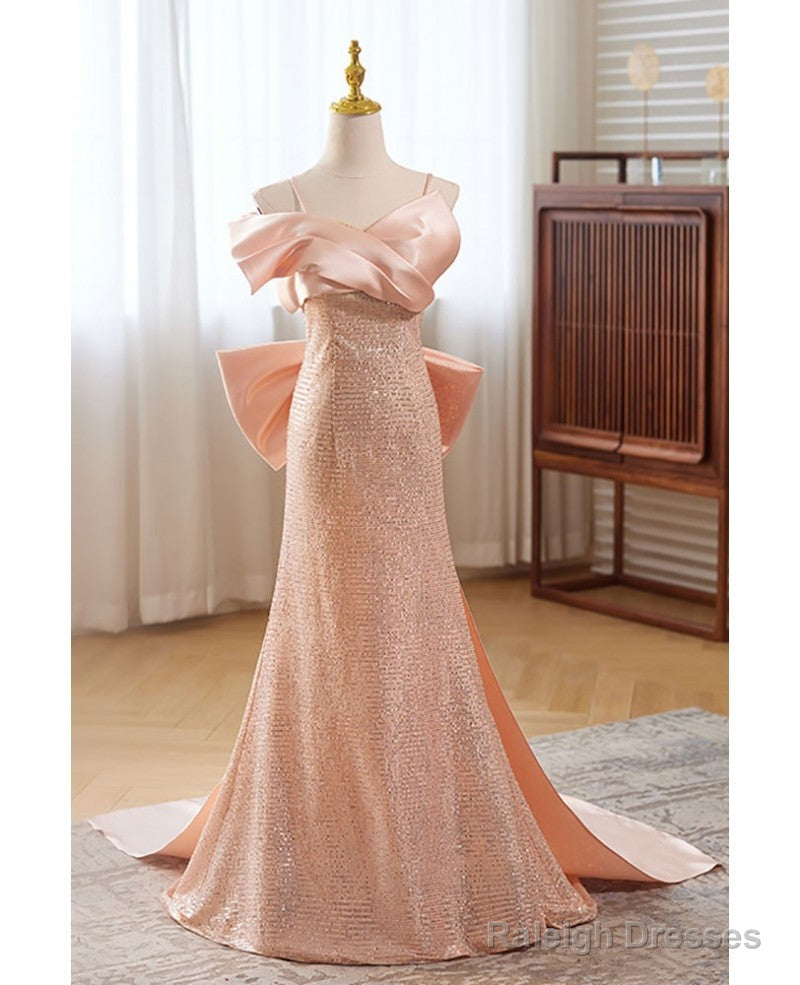 Sweet Pink Sequin Sleeveless Off Shoulder Ball Dress With Pink Mermaid Thin Shoulder Strap, Butterfly Tie, Dew Back Strap, And Floor Length Evening Dress Main image