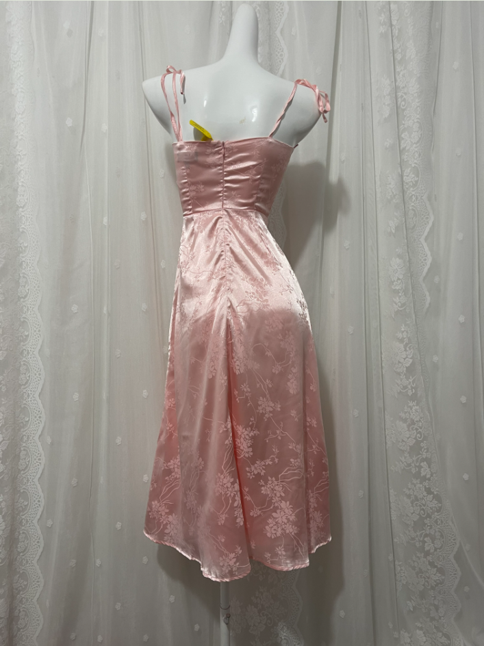 Sweet Pink Spaghetti Strap Embroidered Jacquard Satin Formal Prom Dress Secondary image