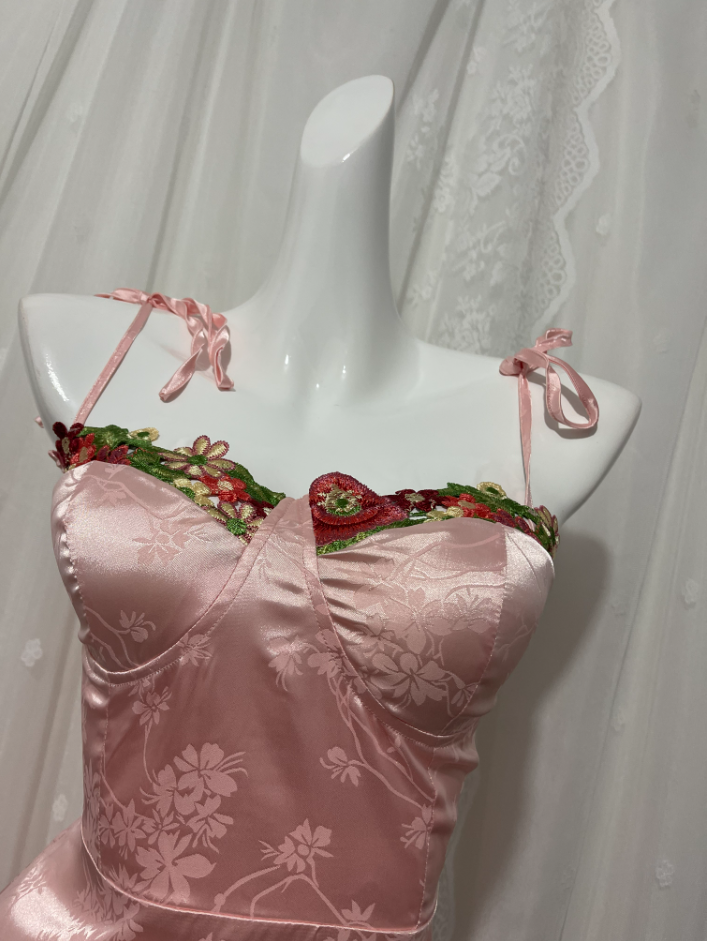 Sweet Pink Spaghetti Strap Embroidered Jacquard Satin Formal Prom Dress
