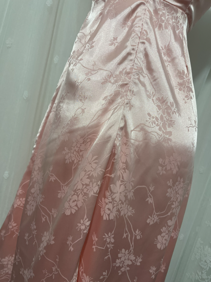 Sweet Pink Spaghetti Strap Embroidered Jacquard Satin Formal Prom Dress