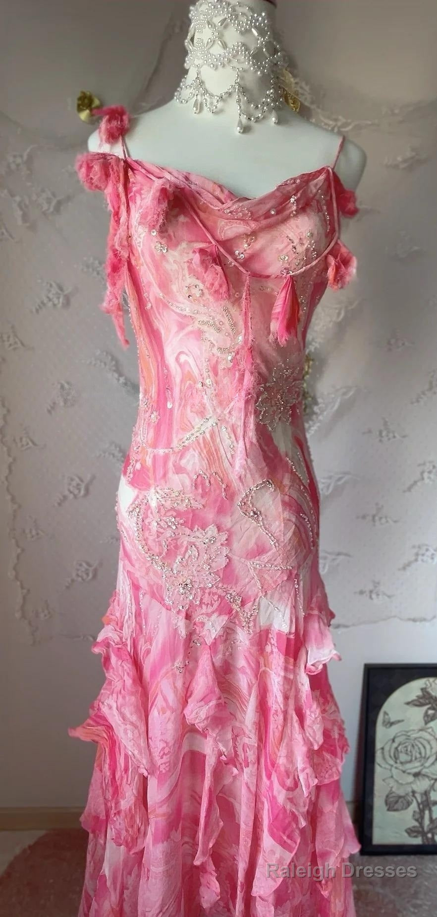 Sweet Pink Spaghetti Strap Sheath Vintage Chiffon Sequined Ball Dress Birthday Party Dress