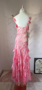 Sweet Pink Spaghetti Strap Sheath Vintage Chiffon Sequined Ball Dress Birthday Party Dress