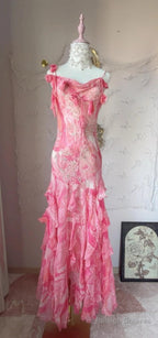 Sweet Pink Spaghetti Strap Sheath Vintage Chiffon Sequined Ball Dress Birthday Party Dress