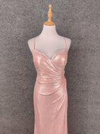 Sweet Pink Spaghetti Strap V-Neck Ruffled Open Back Satin Train Formal Prom Dress Bridesmaid Dress