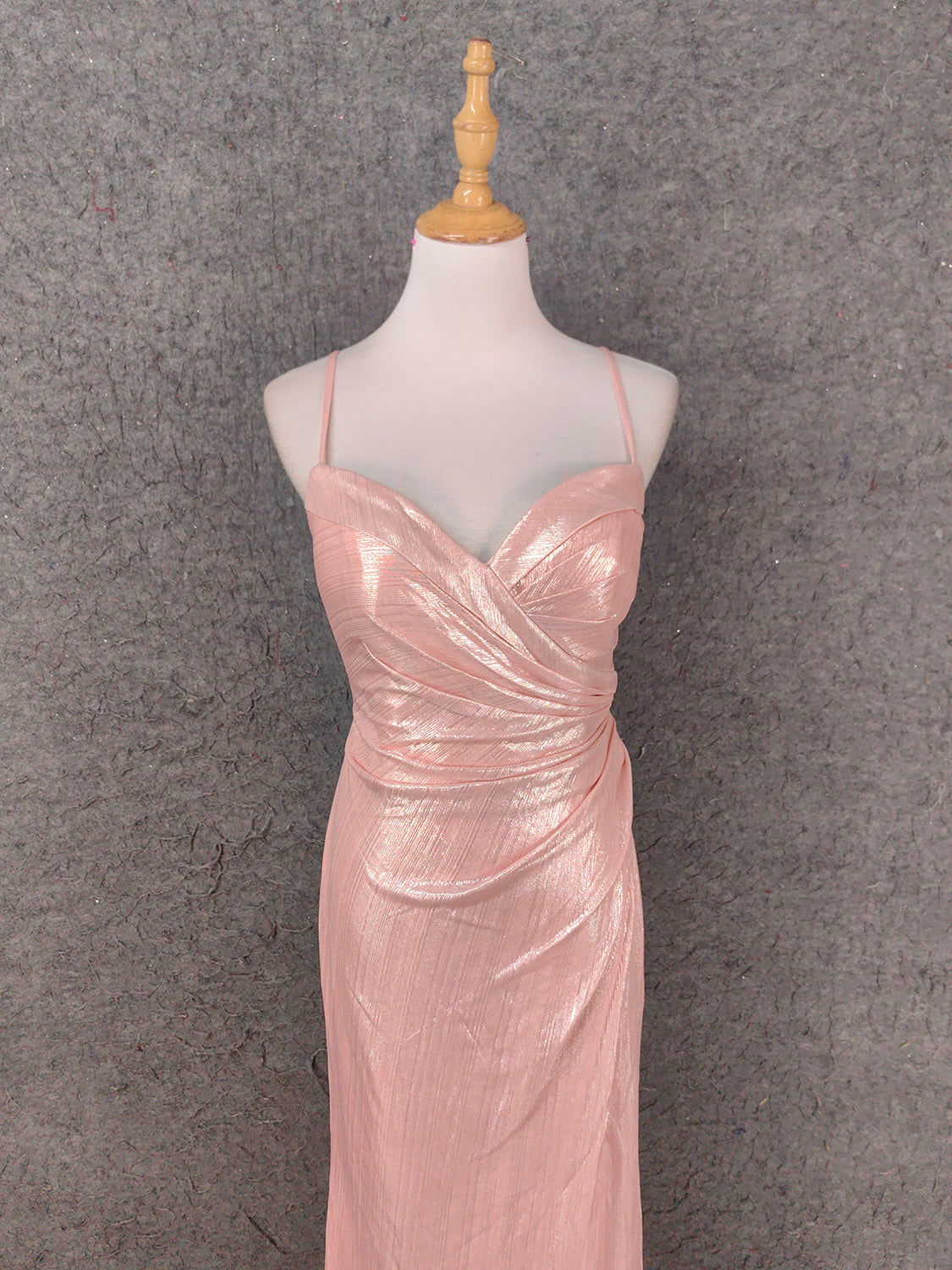 Sweet Pink Spaghetti Strap V-Neck Ruffled Open Back Satin Train Formal Prom Dress Bridesmaid Dress