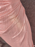 Sweet Pink Spaghetti Strap V-Neck Ruffled Open Back Satin Train Formal Prom Dress Bridesmaid Dress