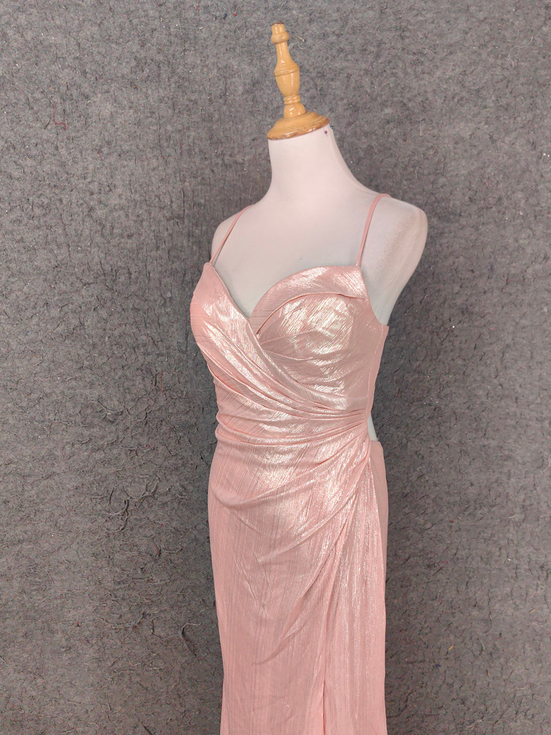 Sweet Pink Spaghetti Strap V-Neck Ruffled Open Back Satin Train Formal Prom Dress Bridesmaid Dress