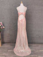 Sweet Pink Spaghetti Strap V-Neck Ruffled Open Back Satin Train Formal Prom Dress Bridesmaid Dress