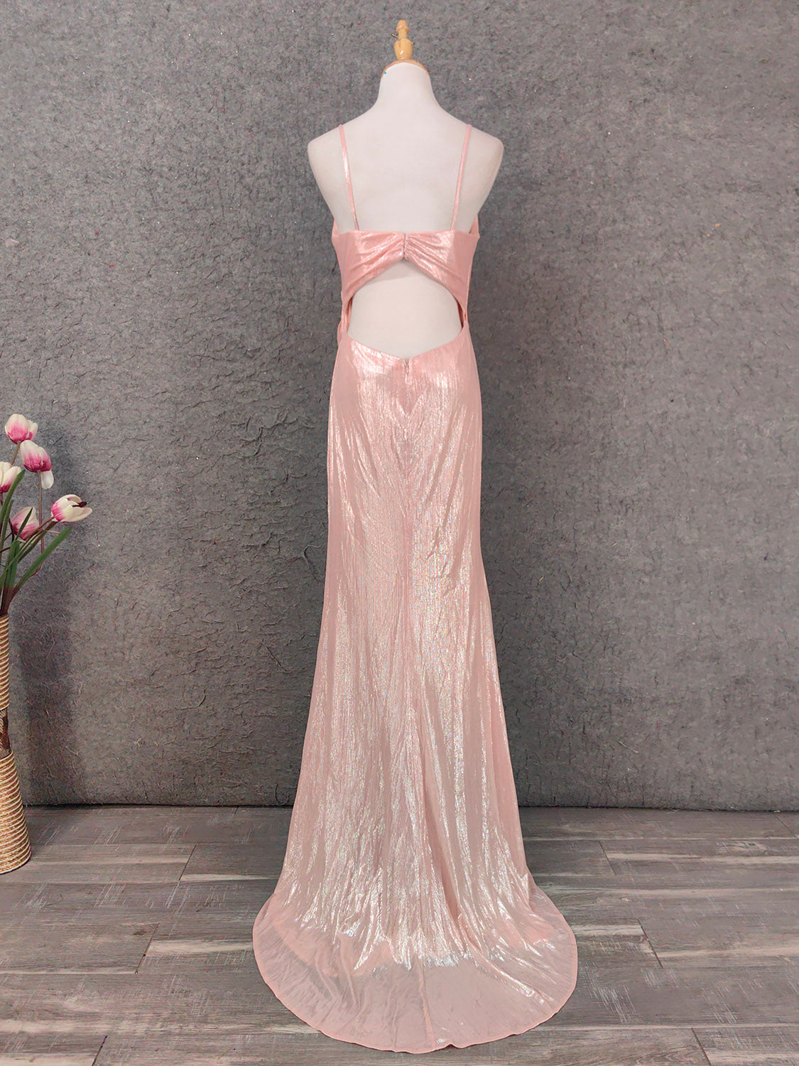 Sweet Pink Spaghetti Strap V-Neck Ruffled Open Back Satin Train Formal Prom Dress Bridesmaid Dress
