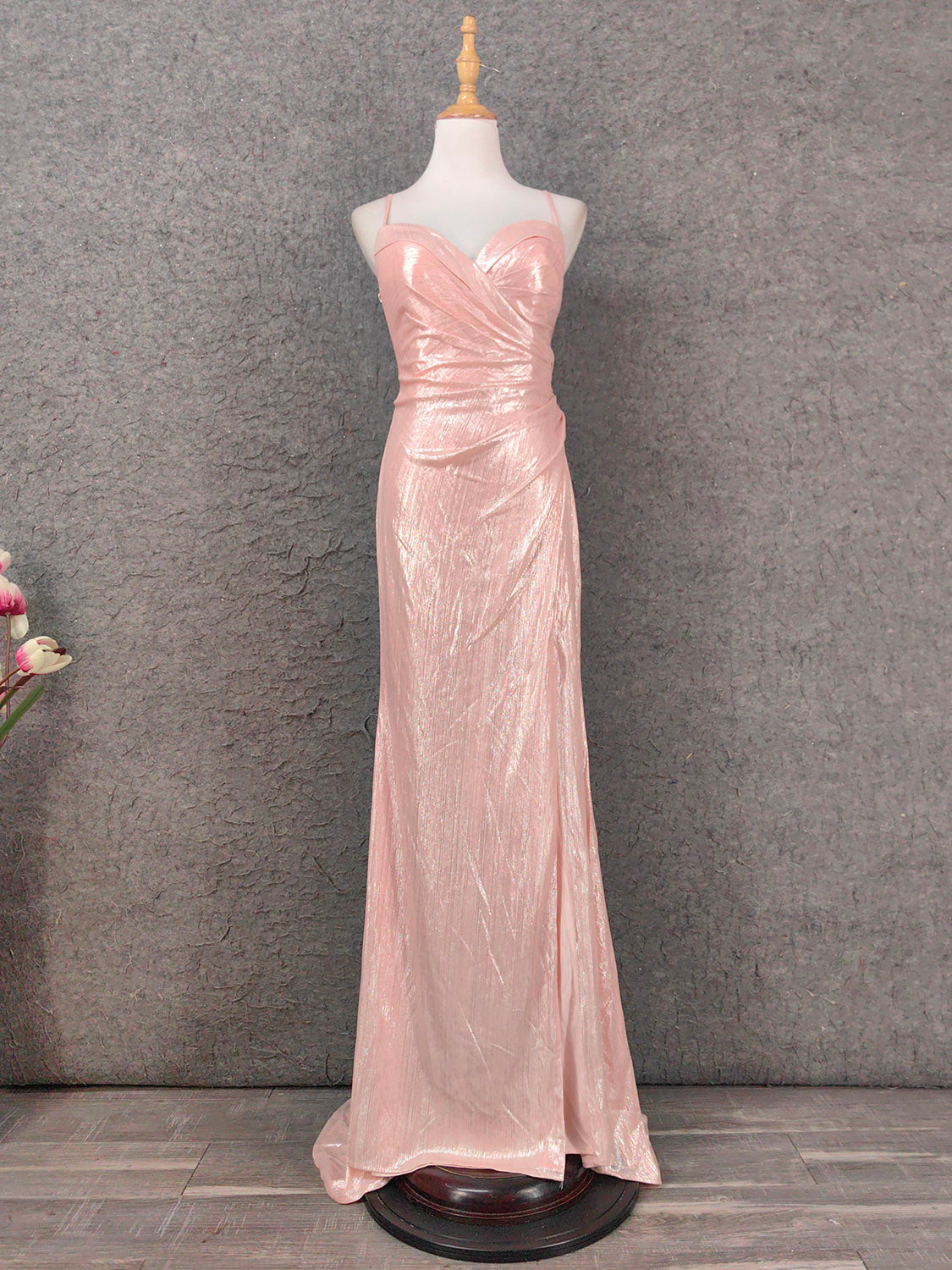 Sweet Pink Spaghetti Strap V-Neck Ruffled Open Back Satin Train Formal Prom Dress Bridesmaid Dress Main image