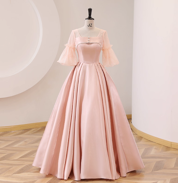 Sweet Pink Square Neck Lace Sleeve Satin Ball Gown Prom Dress Sweet 16 Dress Secondary image