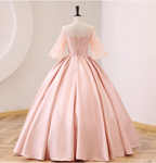 Sweet Pink Square Neck Lace Sleeve Satin Ball Gown Prom Dress Sweet 16 Dress