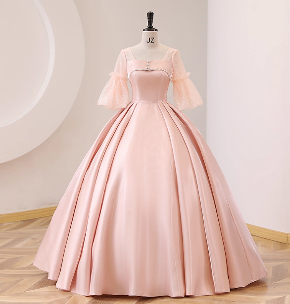 Sweet Pink Square Neck Lace Sleeve Satin Ball Gown Prom Dress Sweet 16 Dress
