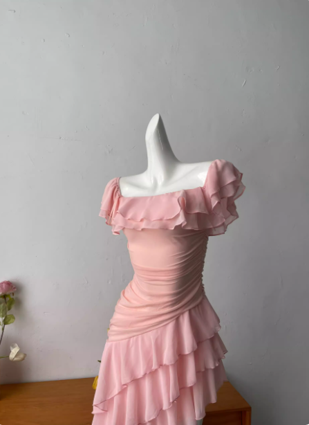 Sweet Pink Square Neck Ruffle Irregular Chiffon Long Formal Prom Dress Secondary image
