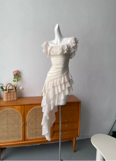 Sweet Pink Square Neck Ruffle Irregular Chiffon Long Formal Prom Dress