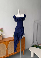 Sweet Pink Square Neck Ruffle Irregular Chiffon Long Formal Prom Dress