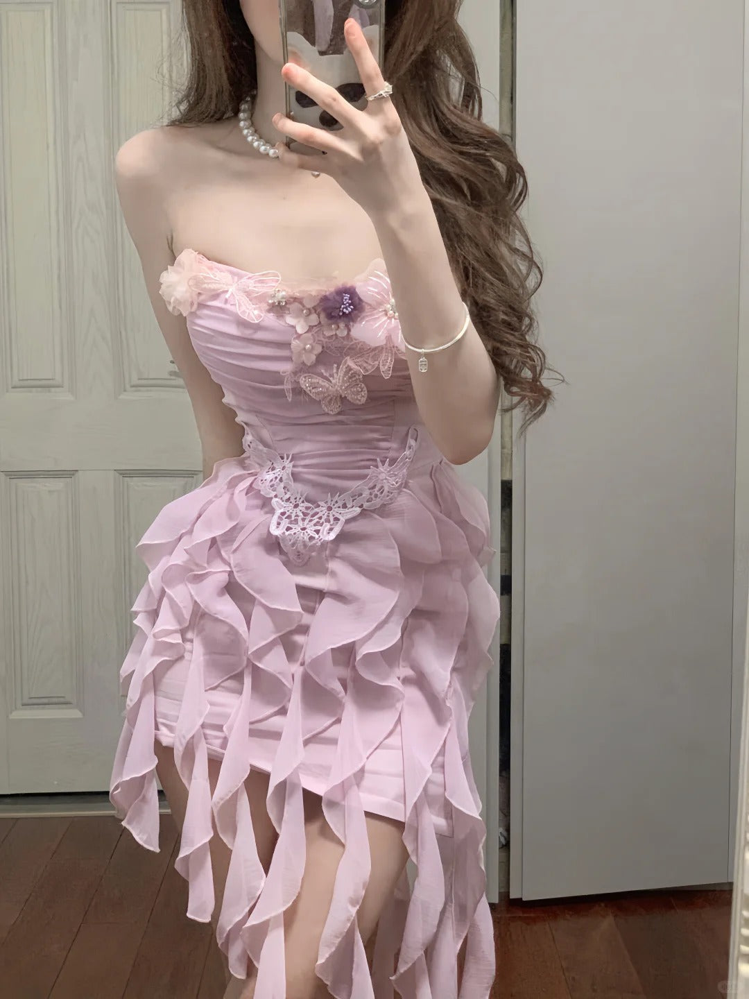 Sweet Pink Strapless Chiffon Bodycon Jellyfish Skirt Homecoming Dress Secondary image