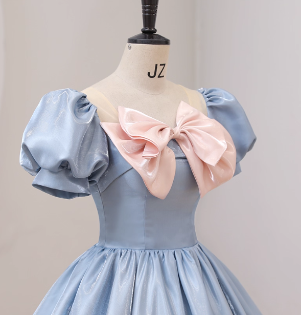 Sweet Princess Light Blue Square Neck Bow Puff Sleeve Satin Ball Gown Prom Dress Sweet 16 Dress Secondary image